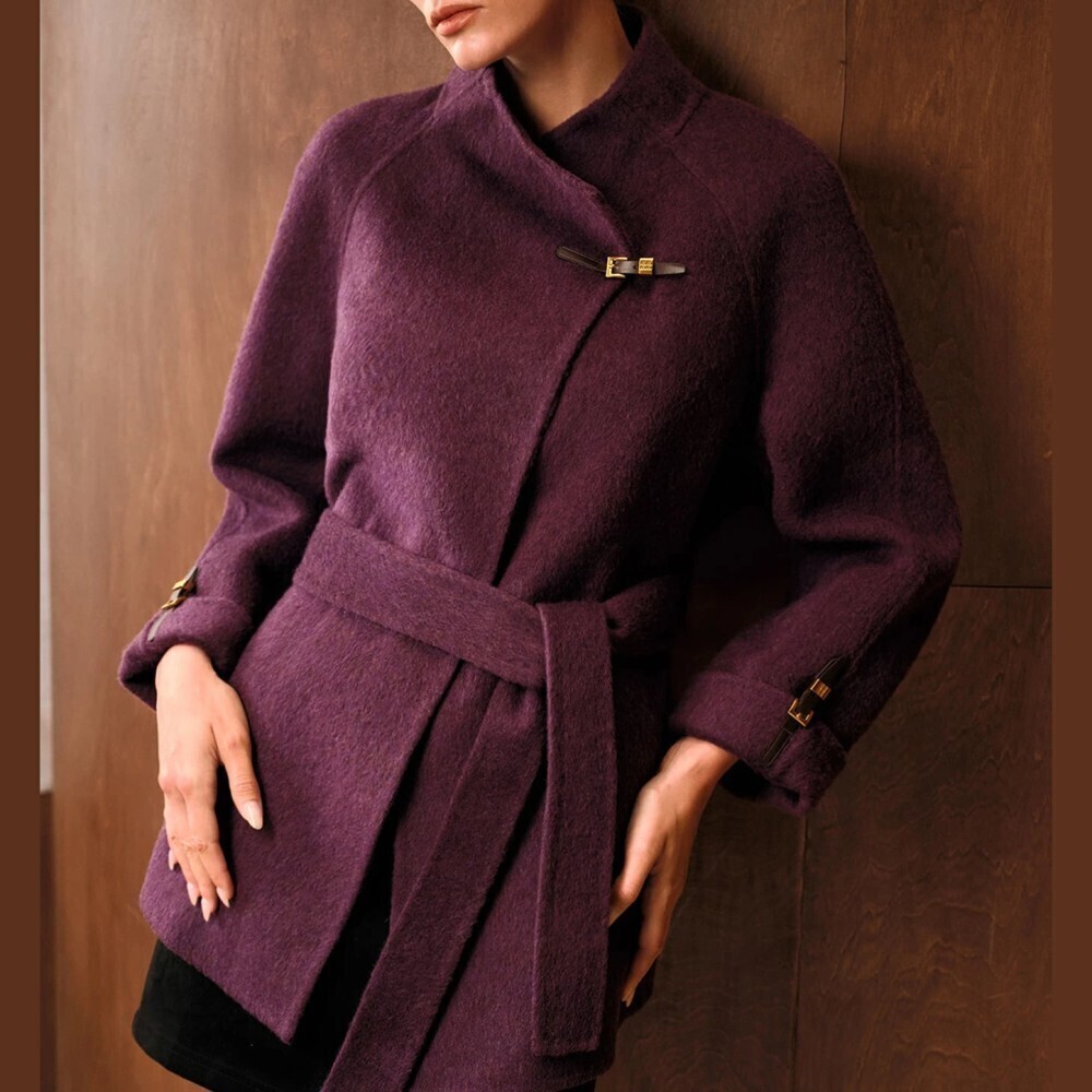 Plum Red-Purple Wool Blend Belted Hardware Trim Wrap Coat